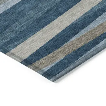 9' X 12' Denim Blue And Gray Striped Washable Indoor Outdoor Area Rug