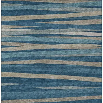 9' X 12' Denim Blue And Gray Striped Washable Indoor Outdoor Area Rug