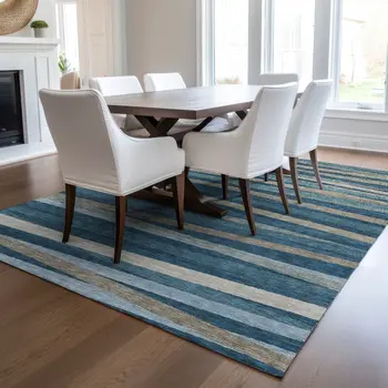9' X 12' Denim Blue And Gray Striped Washable Indoor Outdoor Area Rug