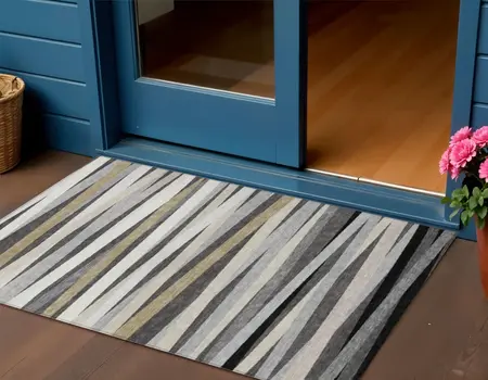 3' X 5' Gray Ivory And Beige Striped Washable Indoor Outdoor Area Rug
