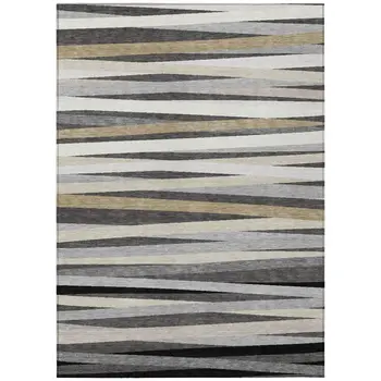 3' X 5' Gray Ivory And Beige Striped Washable Indoor Outdoor Area Rug