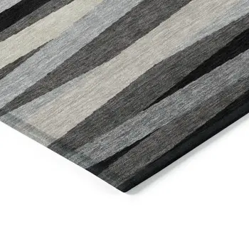 3' X 5' Gray Ivory And Beige Striped Washable Indoor Outdoor Area Rug