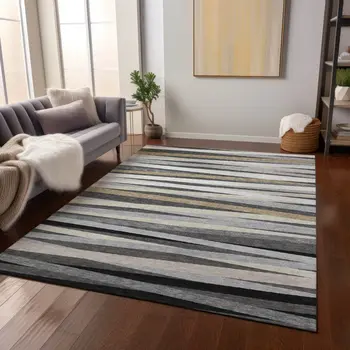 3' X 5' Gray Ivory And Beige Striped Washable Indoor Outdoor Area Rug