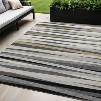 5' X 8' Gray Ivory And Beige Striped Washable Indoor Outdoor Area Rug