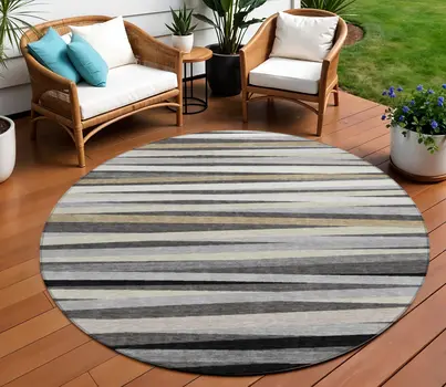 8' Gray Ivory And Beige Round Striped Washable Indoor Outdoor Area Rug