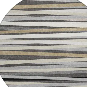 8' Gray Ivory And Beige Round Striped Washable Indoor Outdoor Area Rug
