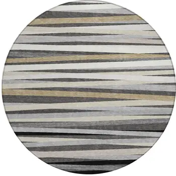 8' Gray Ivory And Beige Round Striped Washable Indoor Outdoor Area Rug
