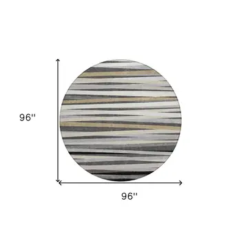 8' Gray Ivory And Beige Round Striped Washable Indoor Outdoor Area Rug