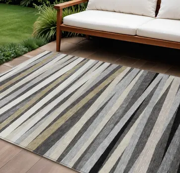 8' X 10' Gray Ivory And Beige Striped Washable Indoor Outdoor Area Rug