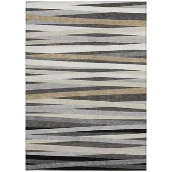 9' X 12' Gray Ivory And Beige Striped Washable Indoor Outdoor Area Rug