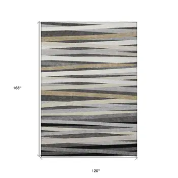 10' X 14' Gray Ivory And Beige Striped Washable Indoor Outdoor Area Rug