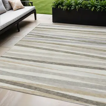 5' X 8' Ivory And Gray Striped Washable Indoor Outdoor Area Rug