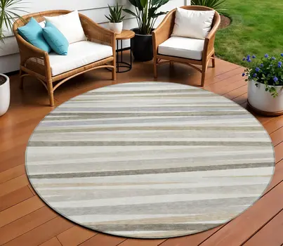 8' Ivory And Gray Round Striped Washable Indoor Outdoor Area Rug