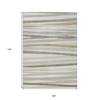 9' X 12' Ivory And Gray Striped Washable Indoor Outdoor Area Rug