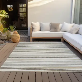 9' X 12' Ivory And Gray Striped Washable Indoor Outdoor Area Rug