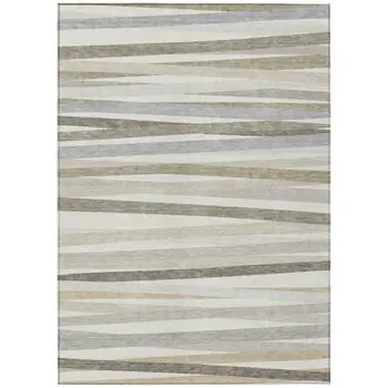 9' X 12' Ivory And Gray Striped Washable Indoor Outdoor Area Rug