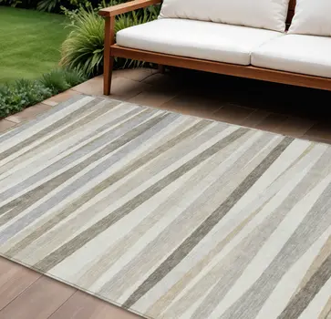 10' X 14' Ivory And Gray Striped Washable Indoor Outdoor Area Rug