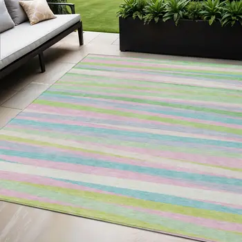 5' X 8' Mint Green Pink And Blue Striped Washable Indoor Outdoor Area Rug