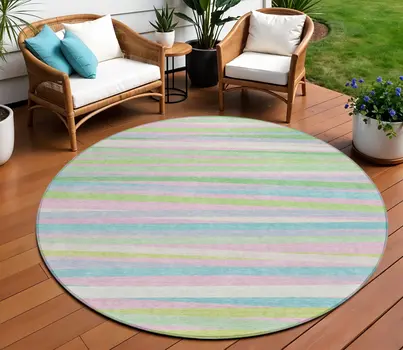 8' Mint Green Pink And Blue Round Striped Washable Indoor Outdoor Area Rug