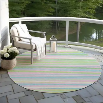 8' Mint Green Pink And Blue Round Striped Washable Indoor Outdoor Area Rug