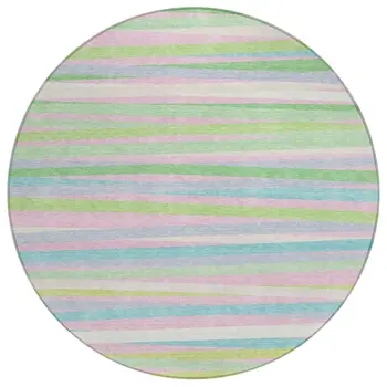 8' Mint Green Pink And Blue Round Striped Washable Indoor Outdoor Area Rug