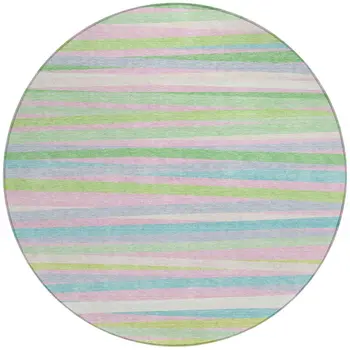 8' Mint Green Pink And Blue Round Striped Washable Indoor Outdoor Area Rug