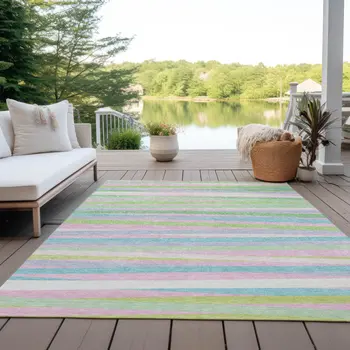 9' X 12' Mint Green Pink And Blue Striped Washable Indoor Outdoor Area Rug