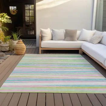 10' X 14' Mint Green Pink And Blue Striped Washable Indoor Outdoor Area Rug