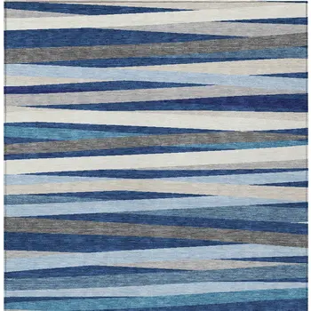 3' X 5' Navy Blue Ivory And Gray Striped Washable Indoor Outdoor Area Rug