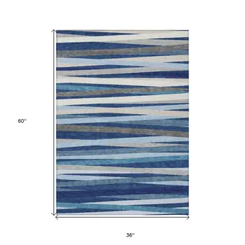 3' X 5' Navy Blue Ivory And Gray Striped Washable Indoor Outdoor Area Rug