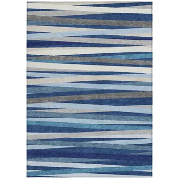 5' X 8' Navy Blue Ivory And Gray Striped Washable Indoor Outdoor Area Rug