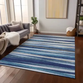 5' X 8' Navy Blue Ivory And Gray Striped Washable Indoor Outdoor Area Rug