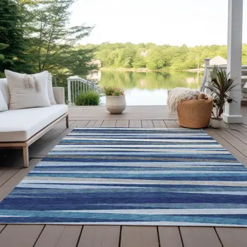 5' X 8' Navy Blue Ivory And Gray Striped Washable Indoor Outdoor Area Rug