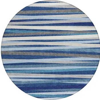 8' Navy Blue Ivory And Gray Round Striped Washable Indoor Outdoor Area Rug