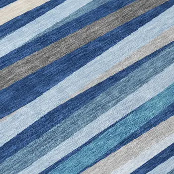 8' Navy Blue Ivory And Gray Round Striped Washable Indoor Outdoor Area Rug