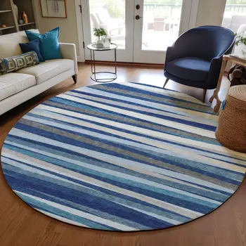 8' Navy Blue Ivory And Gray Round Striped Washable Indoor Outdoor Area Rug