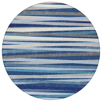 8' Navy Blue Ivory And Gray Round Striped Washable Indoor Outdoor Area Rug
