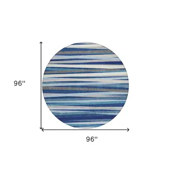 8' Navy Blue Ivory And Gray Round Striped Washable Indoor Outdoor Area Rug