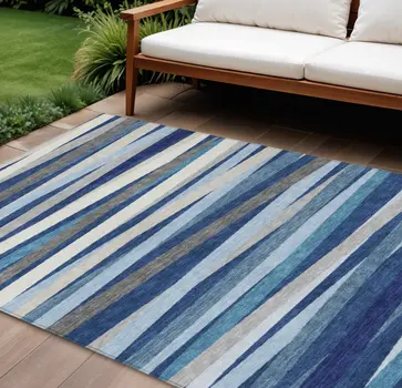 8' X 10' Navy Blue Ivory And Gray Striped Washable Indoor Outdoor Area Rug