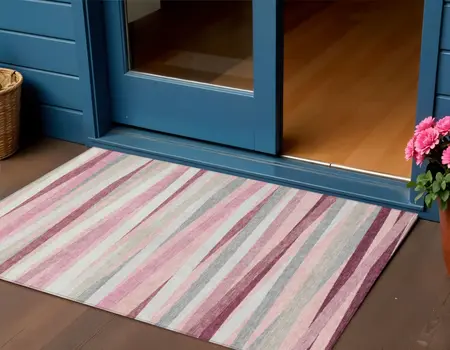 3' X 5' Pink Ivory And Gray Striped Washable Indoor Outdoor Area Rug