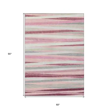 5' X 8' Pink Ivory And Gray Striped Washable Indoor Outdoor Area Rug