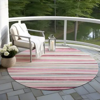8' Pink Ivory And Gray Round Striped Washable Indoor Outdoor Area Rug