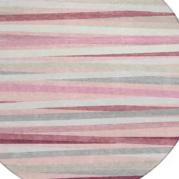 8' Pink Ivory And Gray Round Striped Washable Indoor Outdoor Area Rug
