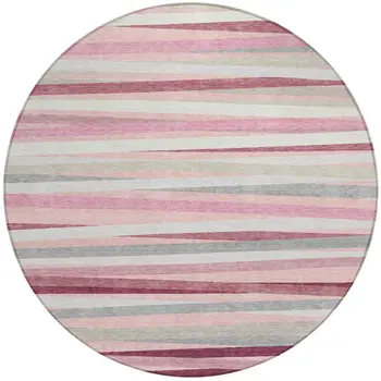 8' Pink Ivory And Gray Round Striped Washable Indoor Outdoor Area Rug
