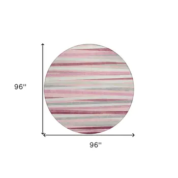 8' Pink Ivory And Gray Round Striped Washable Indoor Outdoor Area Rug