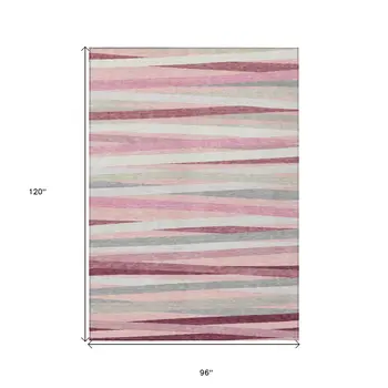 8' X 10' Pink Ivory And Gray Striped Washable Indoor Outdoor Area Rug