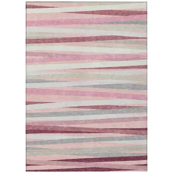 8' X 10' Pink Ivory And Gray Striped Washable Indoor Outdoor Area Rug