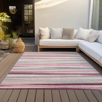 9' X 12' Pink Ivory And Gray Striped Washable Indoor Outdoor Area Rug