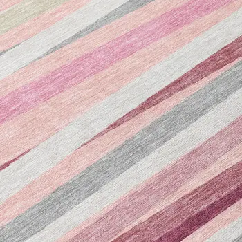 9' X 12' Pink Ivory And Gray Striped Washable Indoor Outdoor Area Rug