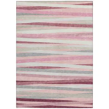 10' X 14' Pink Ivory And Gray Striped Washable Indoor Outdoor Area Rug